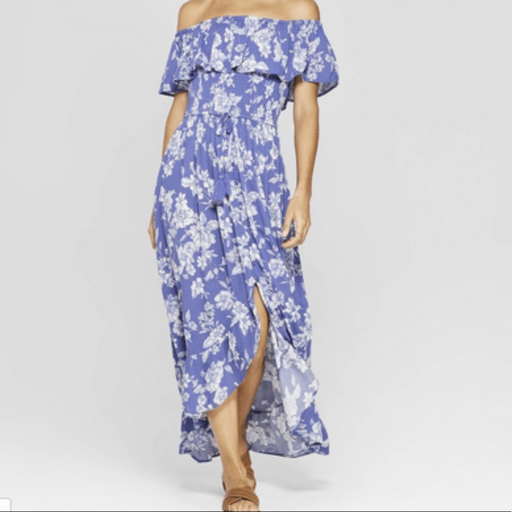 BLUE & WHITE FLOWERED OFF THE SHOULDER HI LO DRESS